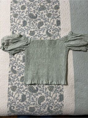 Smocked Puff-Sleeve Crop Top in Sage Green